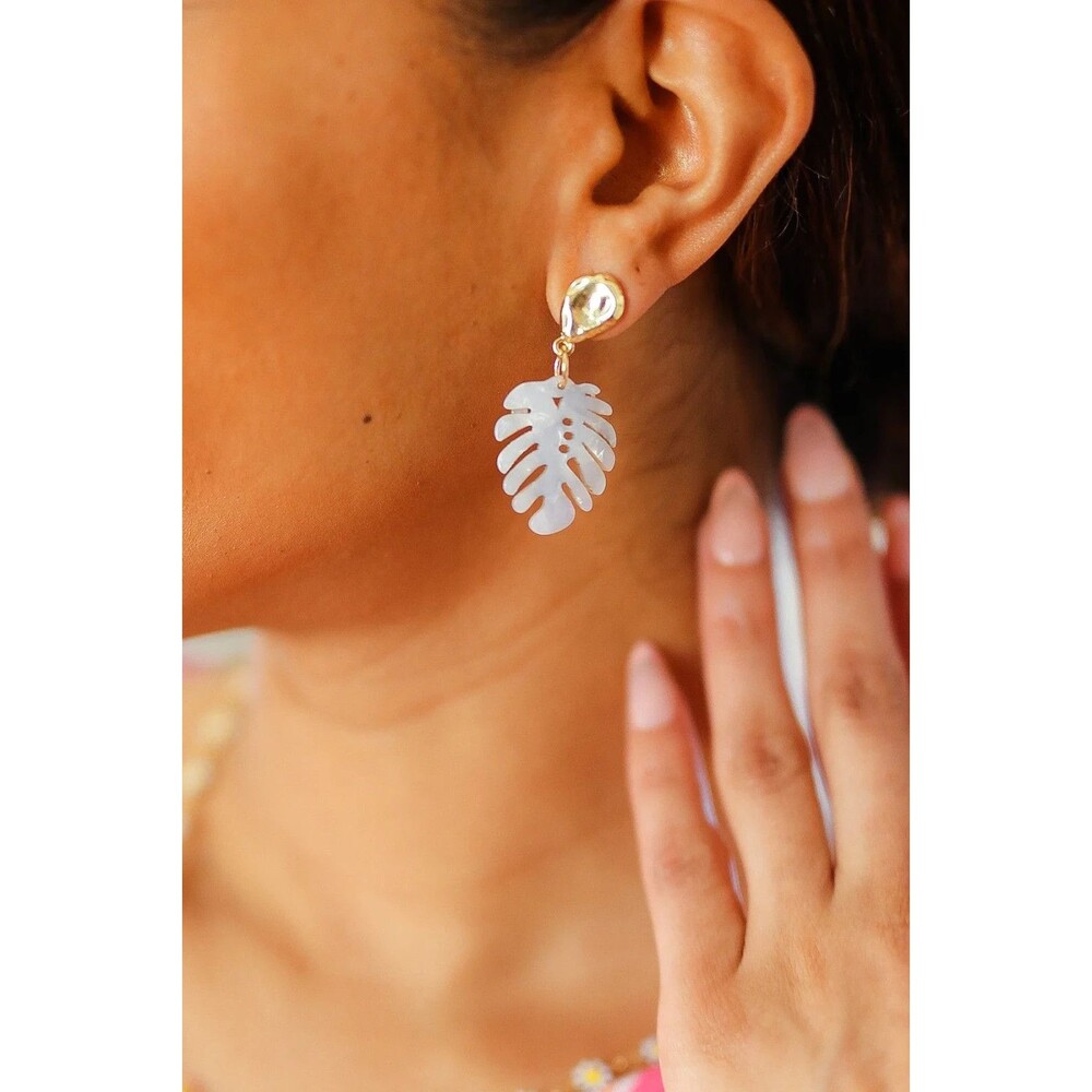 Monstera Leaf Earrings Gold Toned Tropical Dangle Summer Cream Resin Stud